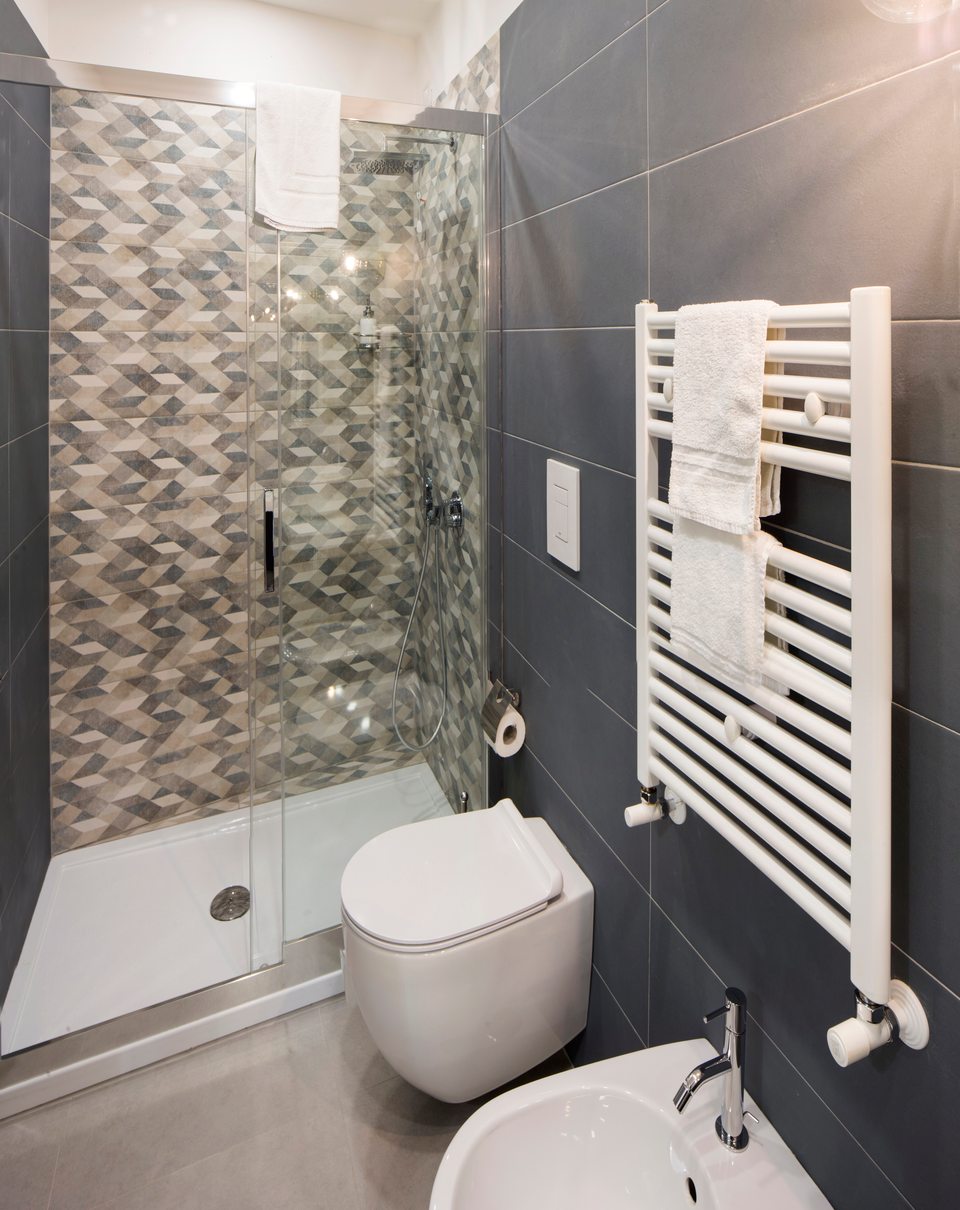 Douche, toilettes suspendues et une partie du bidet dans la salle de bains du Deluxe.
