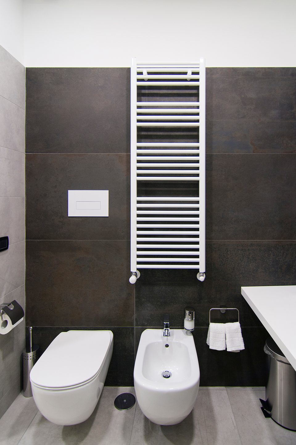 Wall-hung toilet, bidet and towel radiator in the Comfort bathroom.